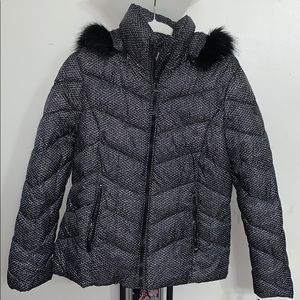 Winter charcoal coat with hood.